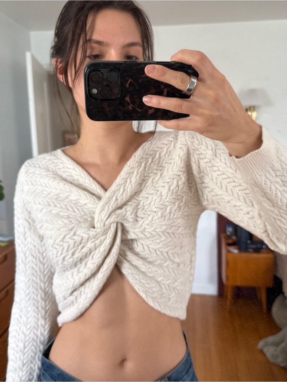 Petal & Pup Cream Twist-Knot V-Neck Cable Knit Sweater